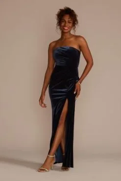 Strapless Glitter Velvet Sheath Dress With Slit