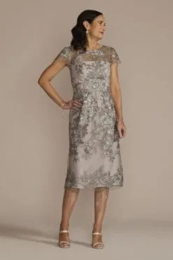 Scalloped Cap Sleeve Sequin Embroidered Sheath