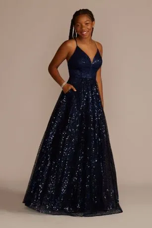 Illusion Plunge Allover Sequin Ball Gown