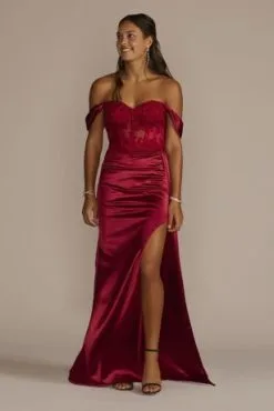 Off-Shoulder Satin Sheath With Embroidered Corset