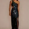 One Shoulder Cut Glass Stretch Satin Sheath