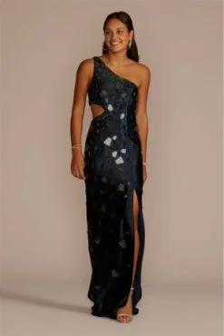 One Shoulder Cut Glass Stretch Satin Sheath