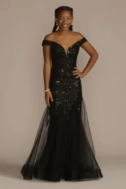 Off-the-Shoulder Sequin Tulle Mermaid Dress