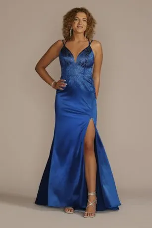 Plunging Pattern Embellished Satin Sheath