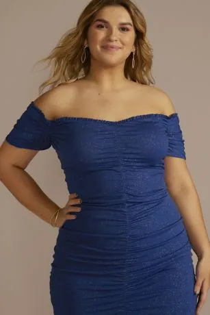 Short Off-the-Shoulder Ruched Glitter Sheath - Image 3