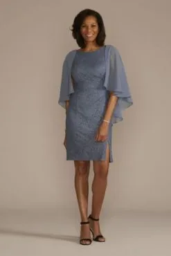 Glitter Lace Sheath Tank Dress With Capelet