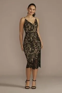 Illusion Lace V-Neck Midi Sheath Dress