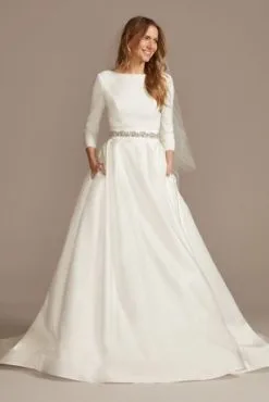 Low Back Mid-Sleeve Crepe And Satin Wedding Dress