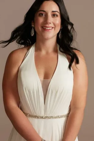 Chiffon Halter Plunge Beaded Waist Wedding Dress - Image 3