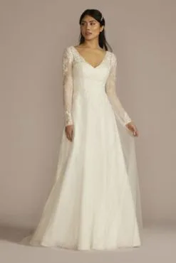Long Sleeve Lace Bodice Tulle A-Line Wedding Dress