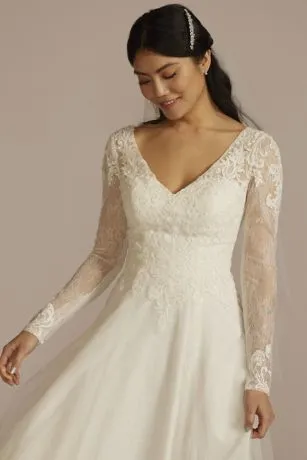 Long Sleeve Lace Bodice Tulle A-Line Wedding Dress - Image 3