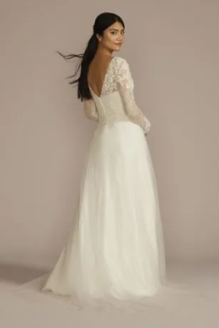 Long Sleeve Lace Bodice Tulle A-Line Wedding Dress - Image 2