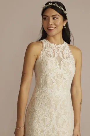 Halter Neck Button Back Allover Lace Wedding Dress - Image 3