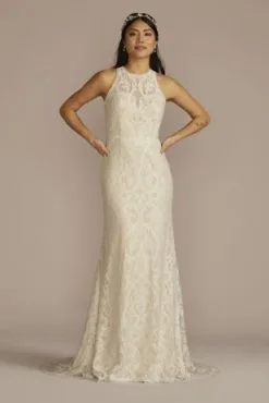 Halter Neck Button Back Allover Lace Wedding Dress
