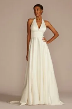 Plunging Halter Satin A-Line Wedding Dress