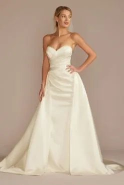 Satin Ruched Bodice Wedding Dress With Overskirt