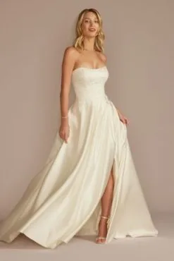 Embroidered Pleated Satin Ball Gown Wedding Dress