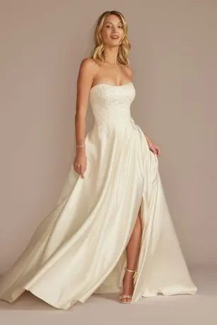 Embroidered Pleated Satin Ball Gown Wedding Dress