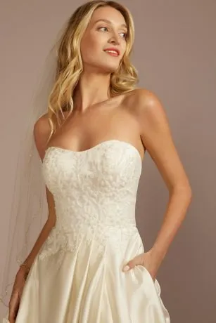 Embroidered Pleated Satin Ball Gown Wedding Dress - Image 3