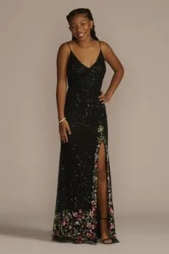 Allover Sequin Floral Embroidered V-Neck Sheath