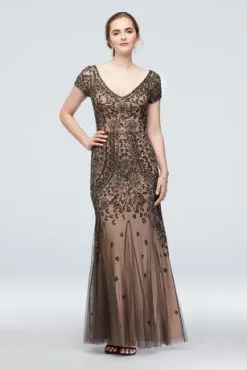 Bead And Sequin Embellished Mesh Overlay Gown