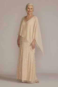 Beaded V-Neck Sheath Gown With Chiffon Capelet