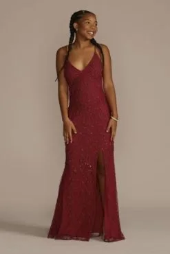 Patterned Beaded And Sequined Sheath With Slit