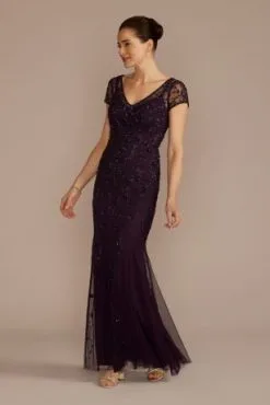 Short Sleeve Beaded Sheath Dress With Godets