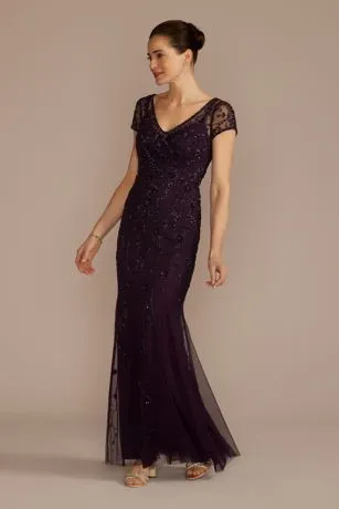 Short Sleeve Beaded Sheath Dress With Godets