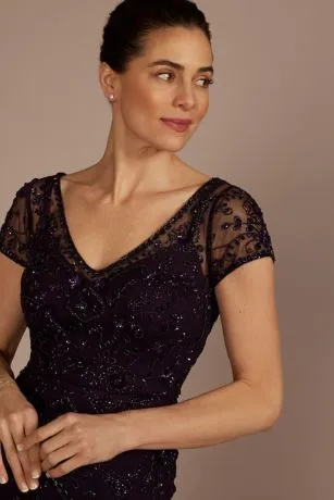 Short Sleeve Beaded Sheath Dress With Godets - Image 3