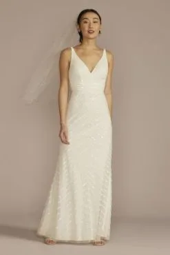 Open Back V-Neck Beaded Sheath Wedding Dress