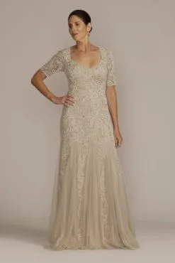Beaded Godet Gown With Elbow Length Sleeves